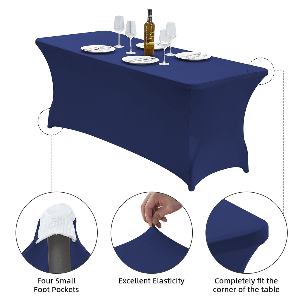 CWK 6FT Waterproof Stretch Spandex Table Cover for Rectangular Tables - Elastic Fitted Tablecloth for Folding Tables,Wrinkle Resistant Table Cloth for Parties, Weddings, Banquets & Events (Blue)