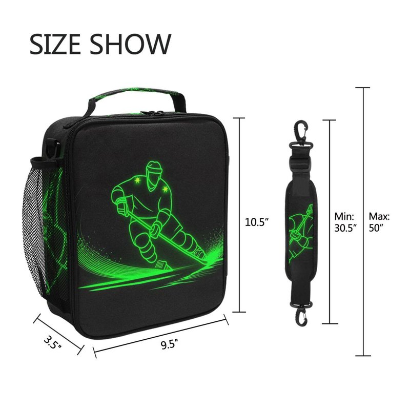 Pfrewn Hockey Player Lunch Box for Kids Green Neon Hockey Sport Insulated Lunch Bag Reusable Cooler Meal Prep Bags Lunch Tote with Shoulder Strap for Boys Girls School Office Adult