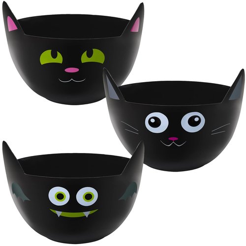 Zcaukya Halloween Party Supplies - Set of 3 Plastic Trick or Treat Candy Bowls, Cat Shaped Serving Bowls in Orange, Purple, Black for Parties