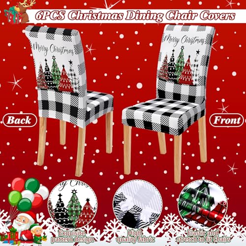 Moukeren 6 Pcs Christmas Chair Covers Buffalo Plaid Trees,Black and