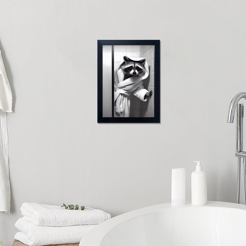 Farmhouse Bathroom Decor | Cute Raccoon Wall Art - Black and White Canvas Print for Fun Bathroom Accent
