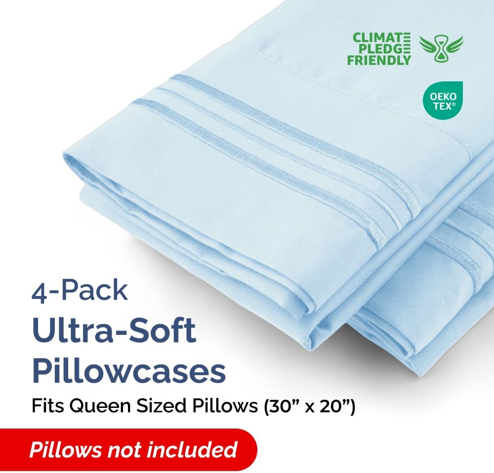 Skiennix Queen Pillow Cases Set of 4 | Ultra Soft Hotel Quality, Wrinkle-Free & Fade Resistant - Sky Blue