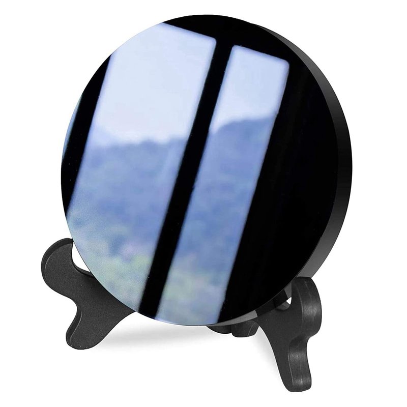 JIEXUAN Black Obsidian Scrying Mirror, Black Obsidian Circle Disc Feng Shui Mirror with Stand, Home Desk Decor Crafts (15cm)