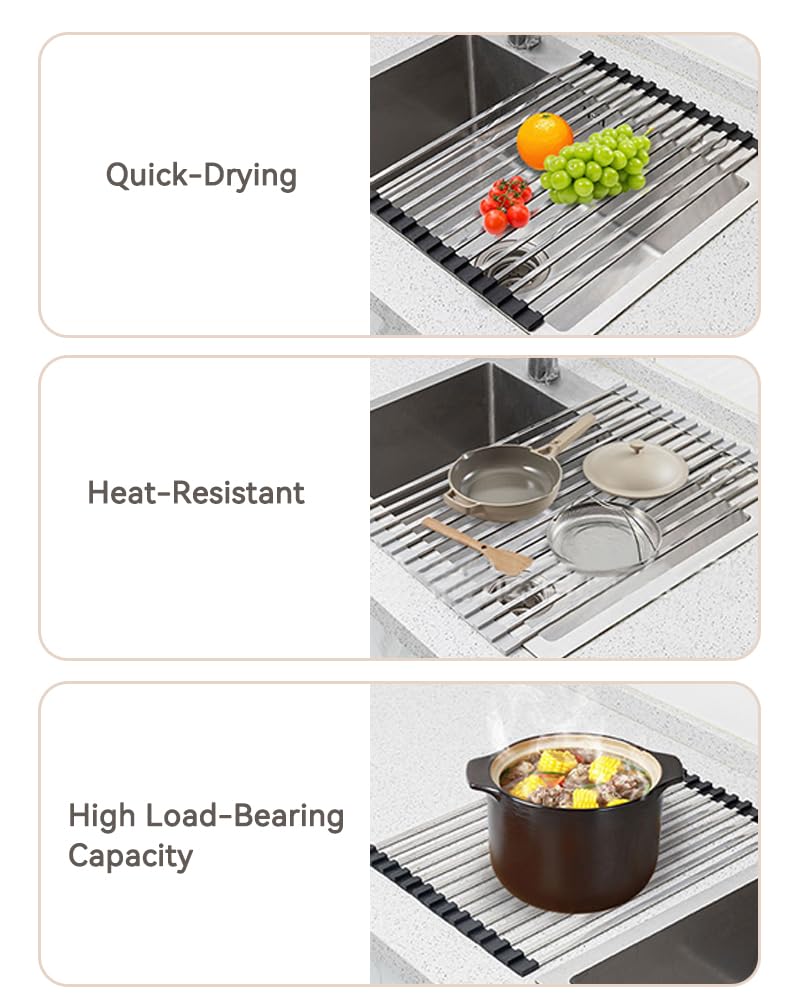 Hemompito 17.72" Dish Drying Rack Over The Sink, 304 Stainless Steel, Non-Slip Silicone Edges & Quick Drainage, Folding Space-Saving for Home & RV Kitchen, Dish Drainer, Cooling Rack & Sink Cover