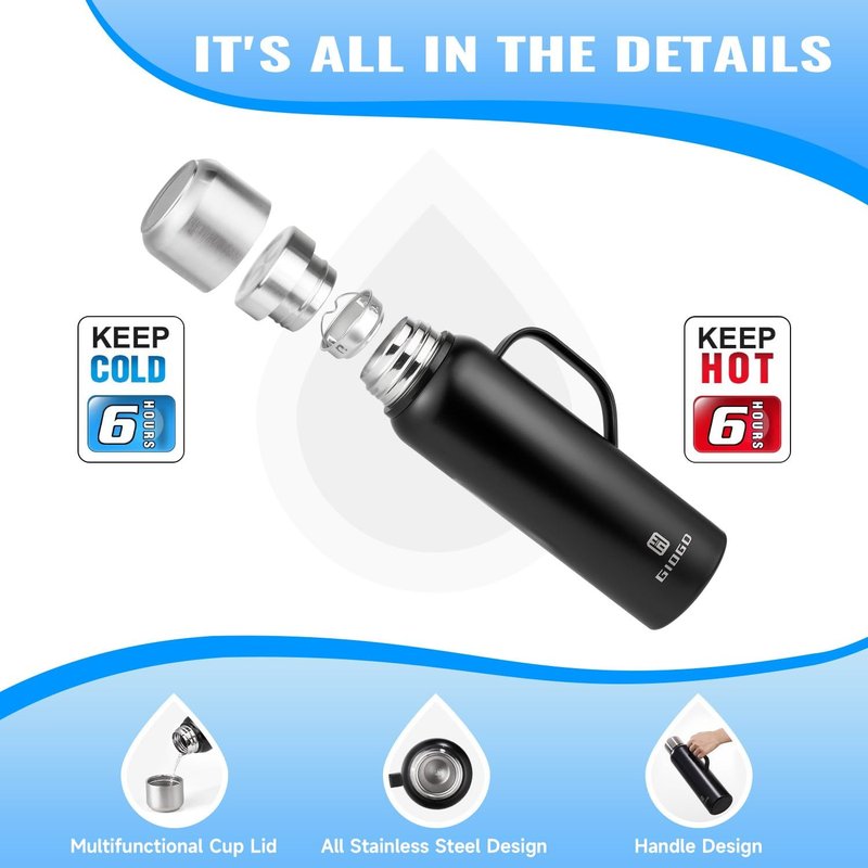 Insulated Vacuum Thermo Bottle 1500ml/50.7oz with Cup Stainless Steel Coffee Bottles for Hot and Cold Drink Water Flask.(Silver, with Handle, 1500ml)