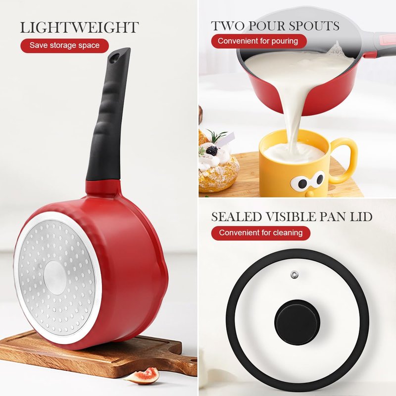Bobikuke 2 Qt Saucepan with Lid, Non Stick Sauce Pan with Lid, Milk Pot & Sauce Pot & Small Saucepan with Pour Spout, Detachable Handle Milk Pan, Mini Cooking Pot Induction Compatible, Oven Safe