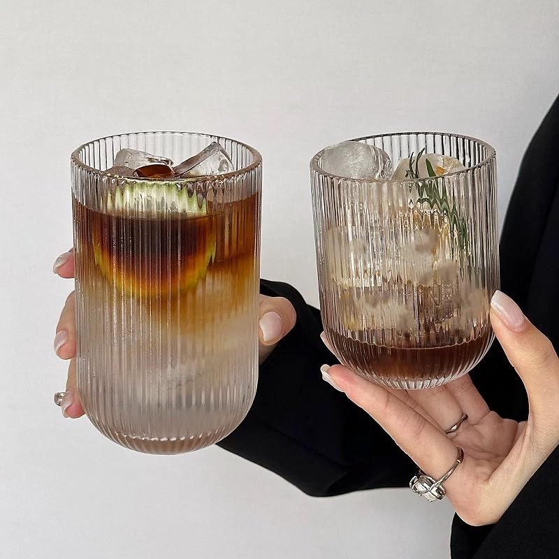 WeirdUncle Clear Ribbed Glassware Set of 8 - 14oz Highball & 9oz Rocks Glasses, Origami Style