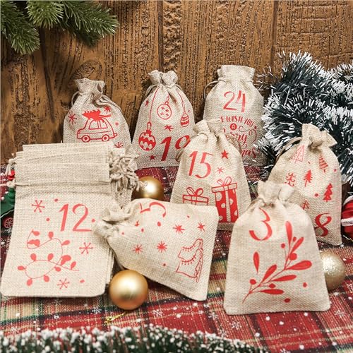 Golibra Red Christmas Advent Calendar Bags - 24 Count Holiday Countdown Decor