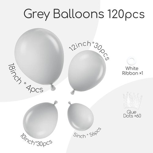 Gray Balloons Kit by [Brand Name] - 120 Pcs in 5-18 Inch Sizes for Birthday, Baby Shower & Wedding Decor
