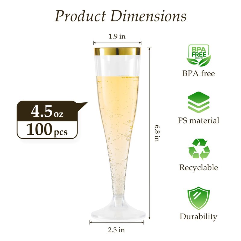 YOUTHSHIP 50 Pack Plastic Champagne Flutes 4.5 Oz Disposable Plastic Champagne Cups Gold Rimmed Cocktail Glasses For Weddings Birthdays Christmas Party Mimosa Glasses Acrylic Wine Cups Shatterproof