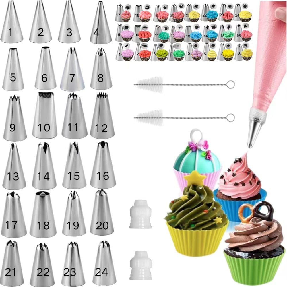 Skiennix Cake Decorating Kit - 24 Piping Tips & 2 Brushes for Perfect Cakes | White