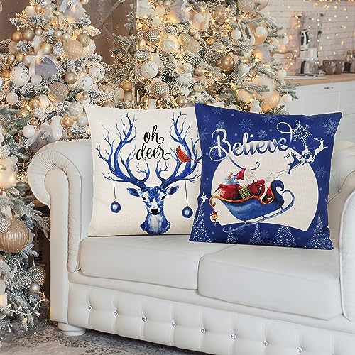 Blue Christmas Throw Pillow Covers Set of 4 20x20 Inches Holiday Cushion Decor
