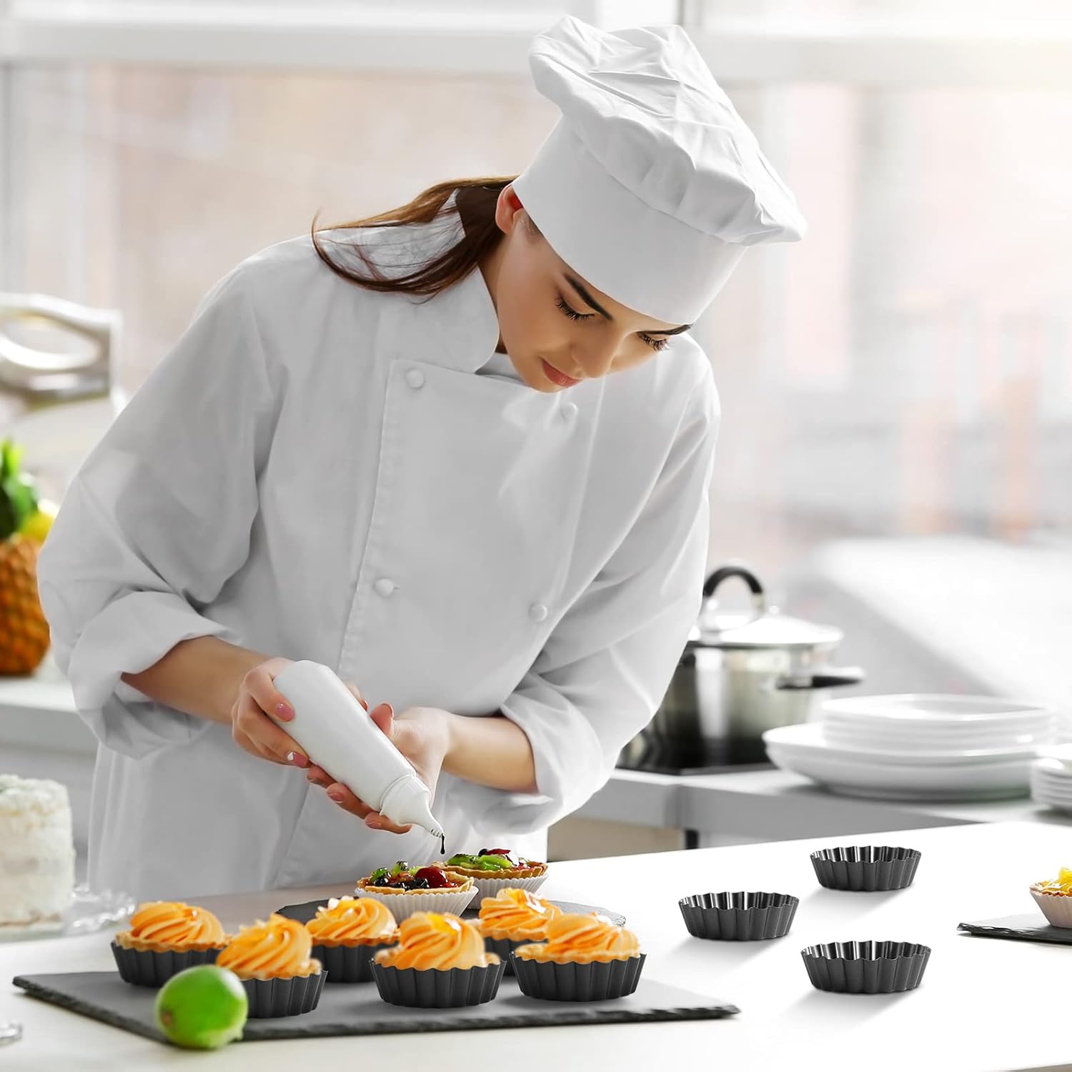 Tessco 16-Piece Mini Tart Pans - Nonstick Quiche & Pie Bakeware with Removable Bottom | 3-Inch Round, Black Gray