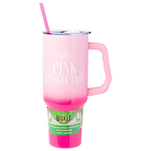 Silver Buffalo Wicked Glinda Pink Perfection Ombre Double Walled Stainless Steel Tumbler with Handle and Straw, Fits in Standard Cup Holder, 40 Ounces