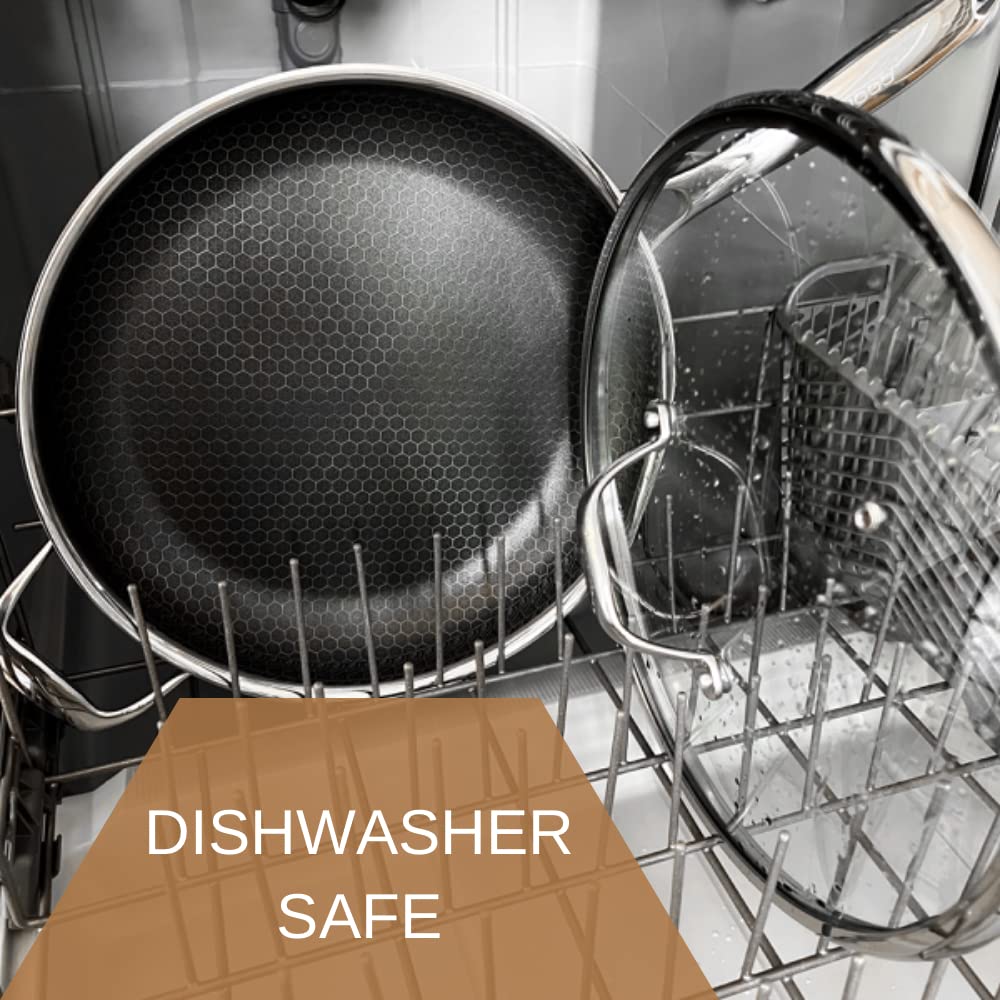 Cooksy 12 Inch Honeycomb Surface Hybrid Stainless Steel Frying Pan with Lid