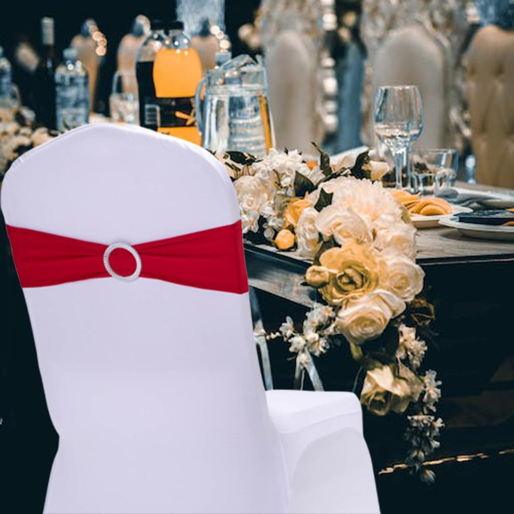 Red Chair Sashes - 10 Pack Stretch Spandex Elastic Chair Bows with Buckle for Wedding Decor