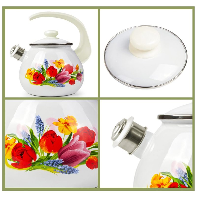 Enamel Kettle with Whistle 2.7 Qt (2.5 L) Stovetop Kettle with Ergonomic Handle, Enameled Steel Tea Pot for Stove Top, Vintage Kitchen Tea Kettle, Dishwasher and Induction Safe (Spring Bouquet)