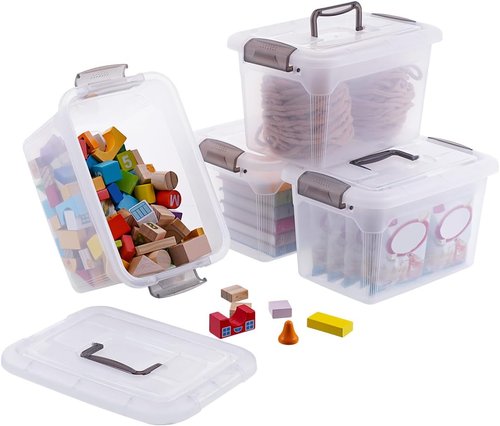 Citylife 6 QT Clear Plastic Storage Bins with Lids - Stackable Organizing Containers | 4 Packs with Grey Handles