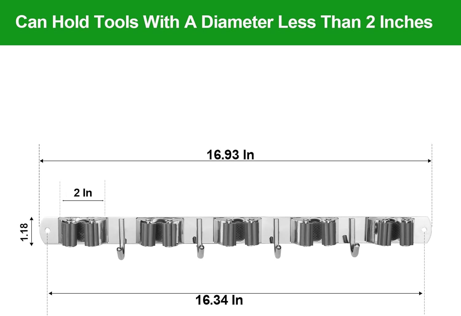 Voze Mop and Broom Holder - 5 Racks & 4 Hooks, Heavy-Duty Self-Adhesive Organizer | Silver
