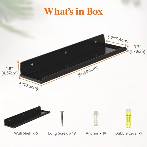 Lifewit Floating Shelves - 15" Acrylic Wall Organizer for Perfume & Decor | Black, Set of 6