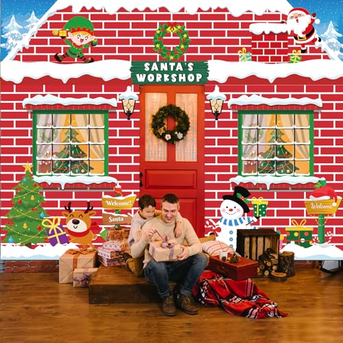 Large Christmas Santa Door Decorations Set - Red Brick Workshop Banner for Holiday Festivities
