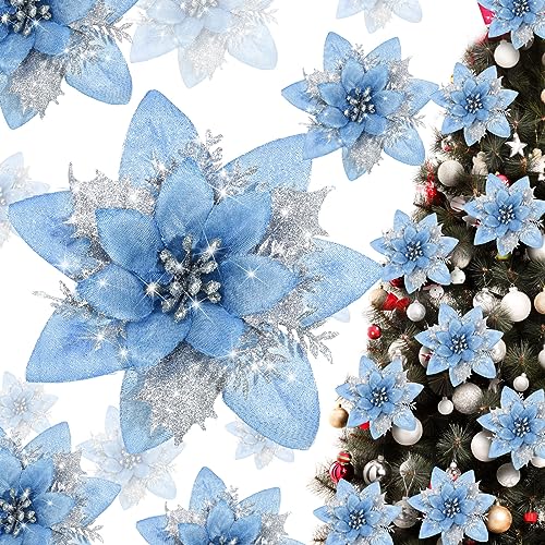 Geosar 36 Pieces Light Blue and Silver Artificial Poinsettia Christmas Flowers
