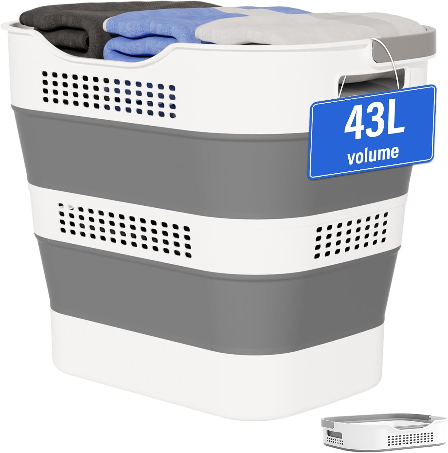 OOAMBB Collapsible Laundry Basket - 43L (11.5 Gallon) Foldable Storage Container with Handles - Grey