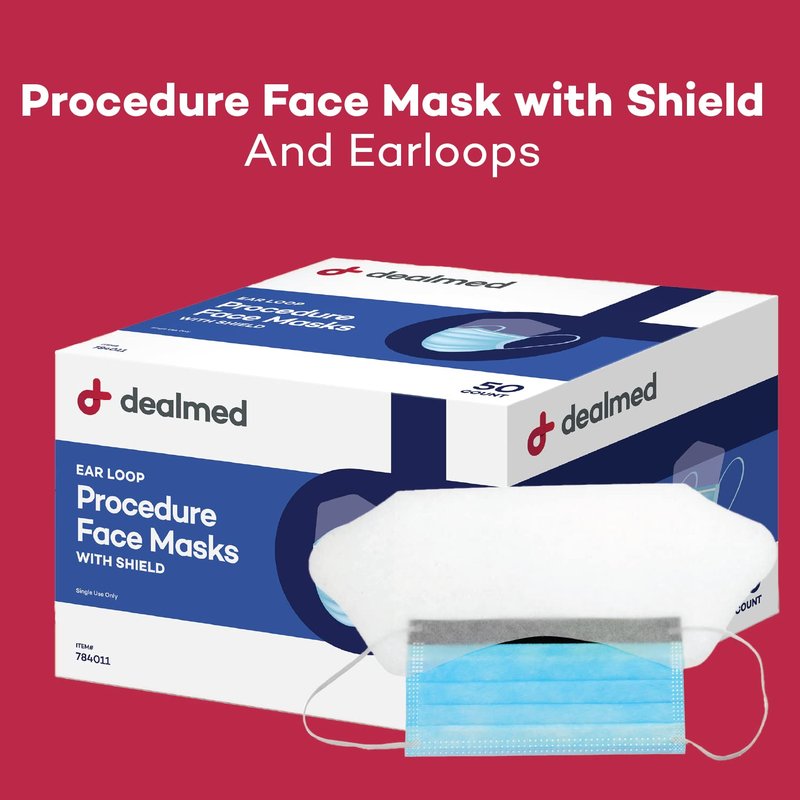 Dealmed Face Masks with Ear Loops and Eye Shield - Disposable Adult Face Masks for Hospitals, Medical Facilities, Food Services and More, 50 Count (Pack of 1)