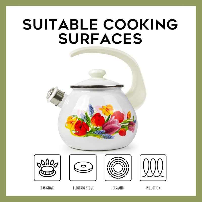 Enamel Kettle with Whistle 2.7 Qt (2.5 L) Stovetop Kettle with Ergonomic Handle, Enameled Steel Tea Pot for Stove Top, Vintage Kitchen Tea Kettle, Dishwasher and Induction Safe (Spring Bouquet)