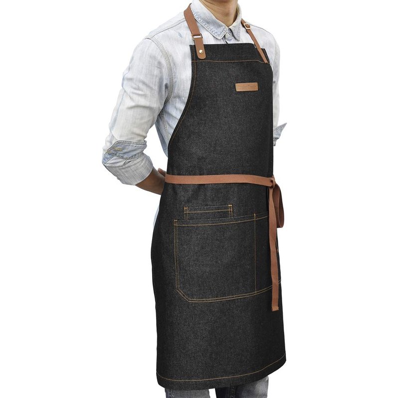 DingSay Trendy Server Denim Apron with 3 Pockets for Men Women, Professional Black Bib Aprons for Chef Cooking Kitchen Grilling BBQ, with Adjustable Neck Strap (Black Denim 7#)