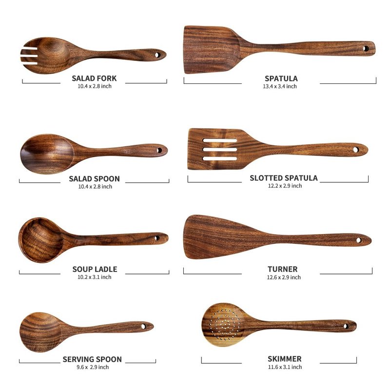 8 Pieces Wooden Spoons for Cooking, 100% Natural Teak Wooden Kitchen Utensils Set, Wooden Utensils Set for Cooking, Non-Stick, Comfort Grip, Easy to Clean