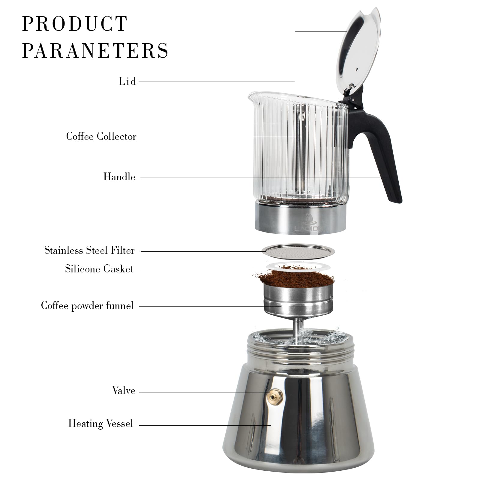LAOION Stovetop Espresso Maker, 6Cup 240ml Moka Pot, Crystal Glass-top & Stainless Steel Coffee Maker Mocha Pot, Greca De Cafe, Cuban and Italian Coffee Maker for Cafetera Cubana