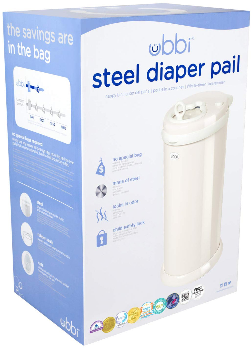 Ubbi Steel Diaper Pail - Odor Locking Design, No Special Bag Needed | Award-Winning Ivory Color
