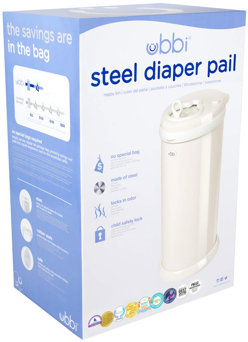 Ubbi Steel Diaper Pail - Odor Locking Design, No Special Bag Needed | Award-Winning Ivory Color