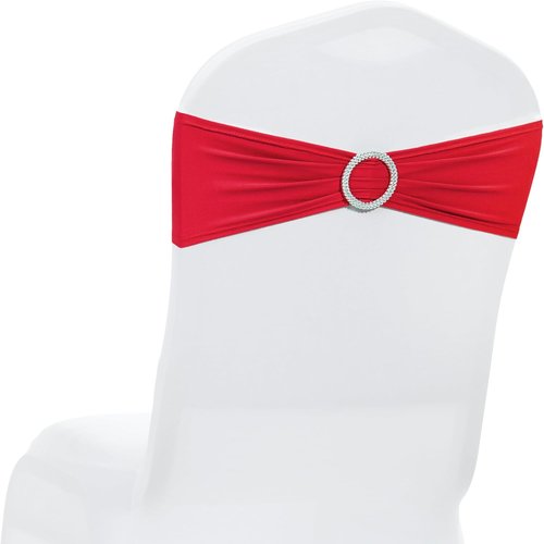 MDS Spandex Chair Sashes - 125 Universal Elastic Stretch Bows with Buckle Slider for Wedding Decor - Red