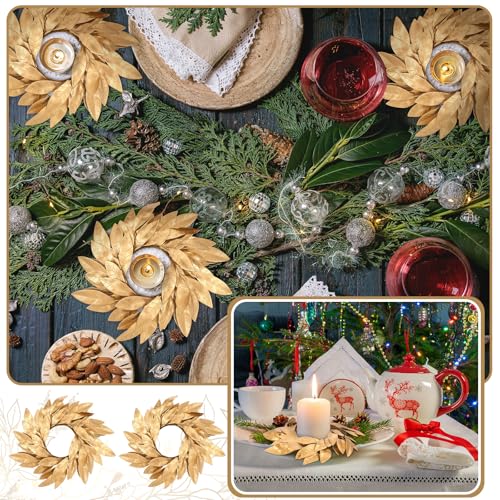 Gold Bay Leaf Candle Ring Wreaths - 2-Piece Christmas Centerpieces (3.9 In)