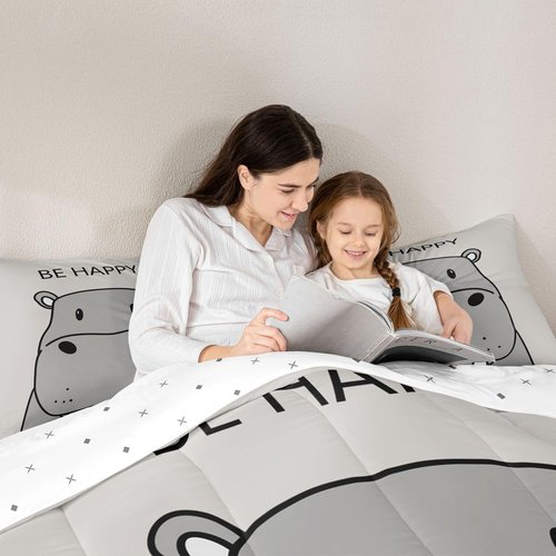 jejeloiu Kids Hippo Bedding Set Twin Size Cute Hippopotamus Comforter Set Be Happy Quote Comforter Boys Girls Teens Ultra Soft Cartoon Grey