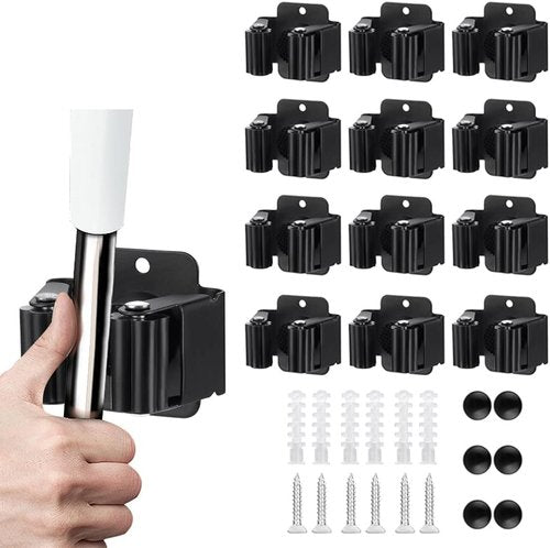 JAMEND CLXP 12PCS Broom and Mop Holder - Heavy Duty Wall Mounted Organizer Rack in Matte Black