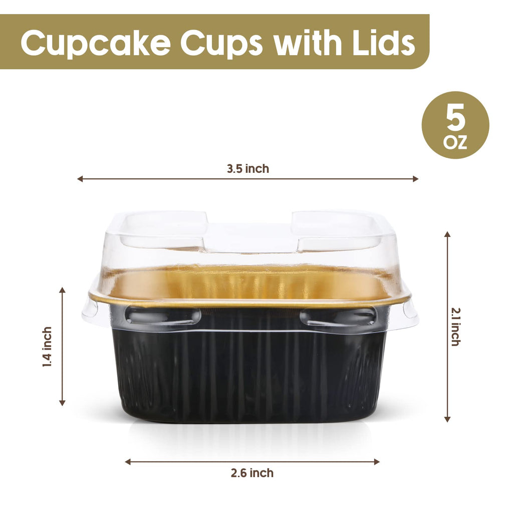 Mimorou 100 Pcs Mini Cake Pans with Lids 5 oz Cupcake Liners Dessert Baking Cups Aluminum Foil Baking Cup Disposable Ramekins Tin with Lids Small Muffin Square Pie Container(Black and Gold)