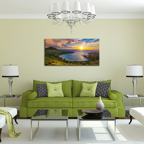 Large Canvas Wall Decorations Sunrise From Hanauma Bay On Oahu, Hawaii Landscape Printed Paintings For Living Room Framed Ready To Hang 24"X48"