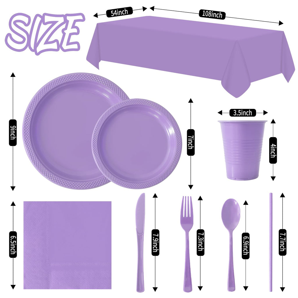 Disposable Plastic Dinnerware Set-968PCS Plastic Plates Set Includes 120 Of Each Dinner ＆ Dessert Plates, Cups, traws, Spoons, Forks & Knives for Party (Lavender, 968PCS（120 Guests）)