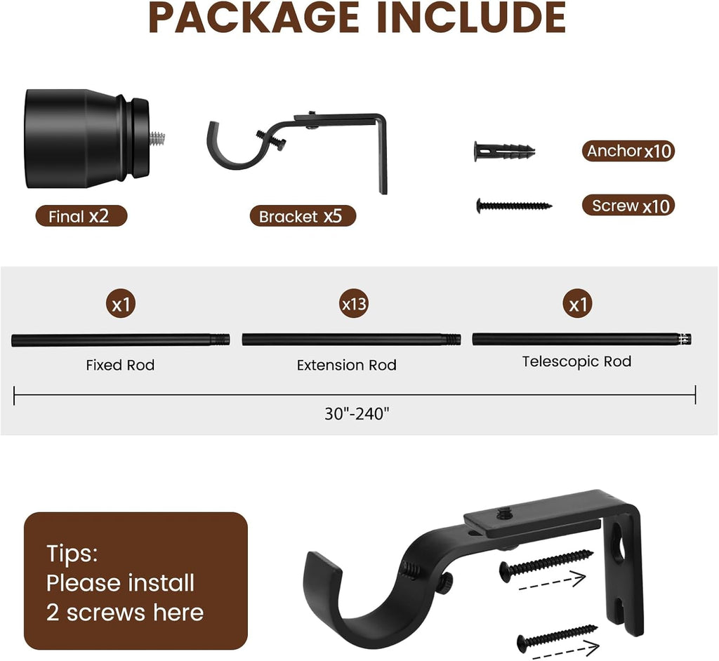 Skiennix Heavy-Duty Adjustable Curtain Rod - 30 to 240 Inch, Matte Black, Extra Long for Windows