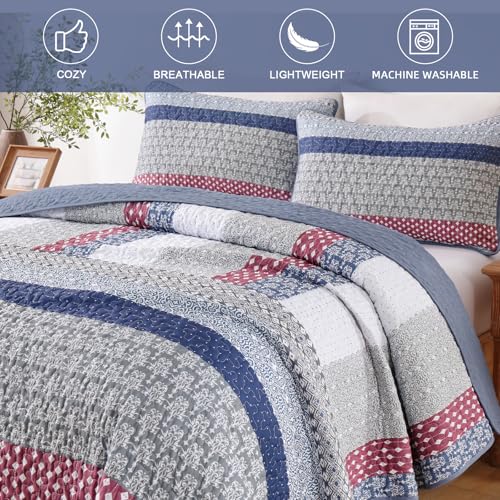Boho Patchwork Quilt King Size Set - 3 Piece Microfiber Coverlet Bedspread
