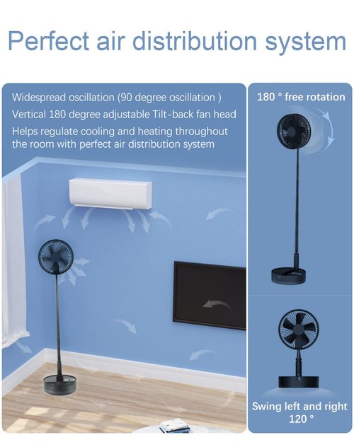 UN UNITEDTIME Foldable Fan Foldaway Oscillating with Remote Control, 10800mAh Battery Operated Fans, Portable for Outdoor, Courtyard, Beach,Travel, Room,4 Speeds, with Timer night light (Black)