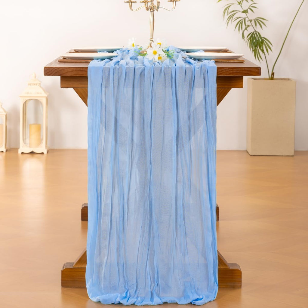Socomi Blue Cheesecloth Table Runner - Light Blue Boho Rustic Design | 120 Inch for Weddings & Events