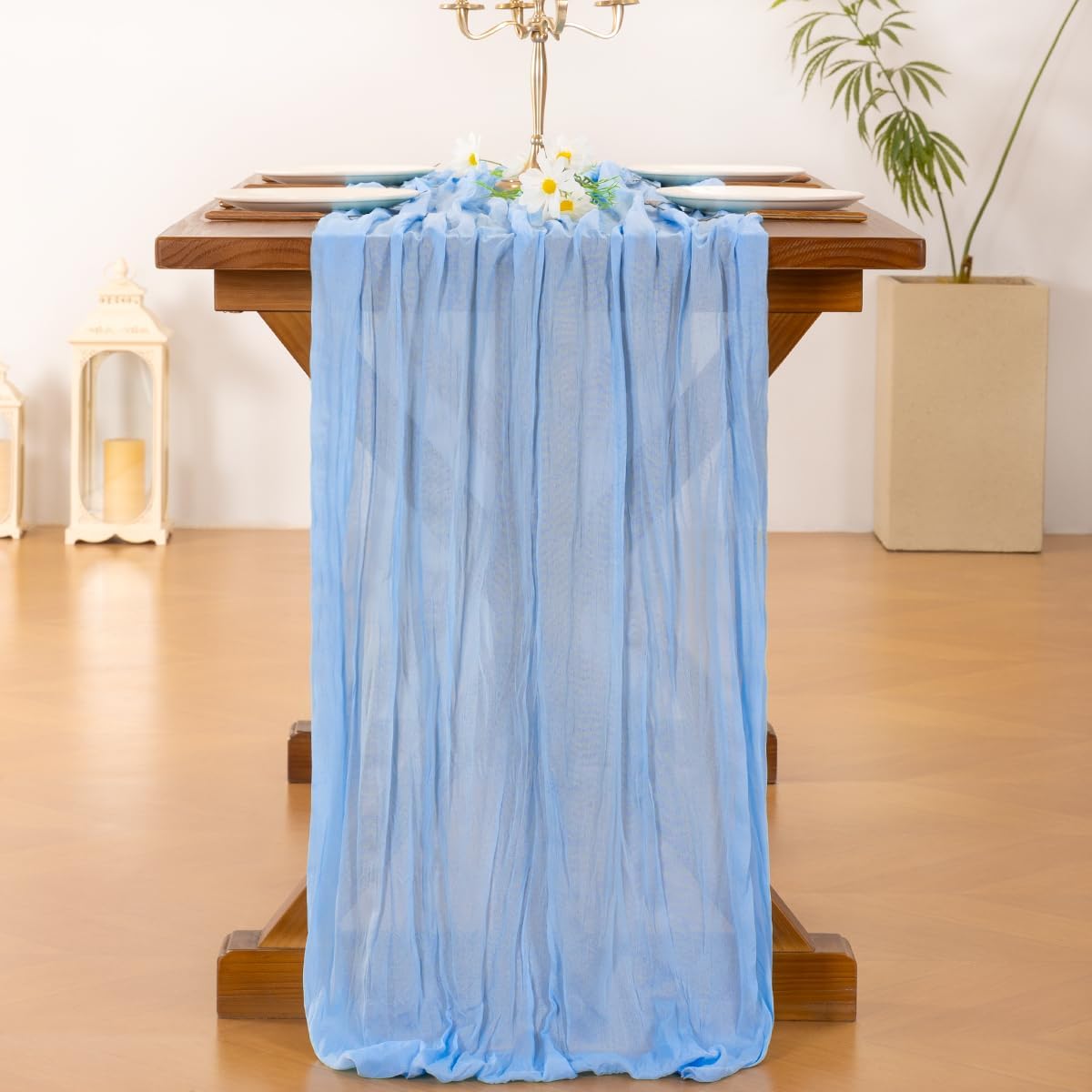 Socomi Blue Cheesecloth Table Runner - Light Blue Boho Rustic Design | 120 Inch for Weddings & Events