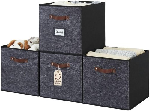 DECOMOMO Storage Baskets - 13x15x13 Cube Bins with Labels for Organized Shelves | Black Pattern (4pcs)