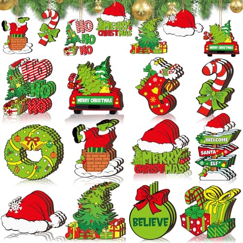 DoubleFill Classic 36 Pcs Wooden Christmas Ornaments - Lime Green & Red Tree Decorations