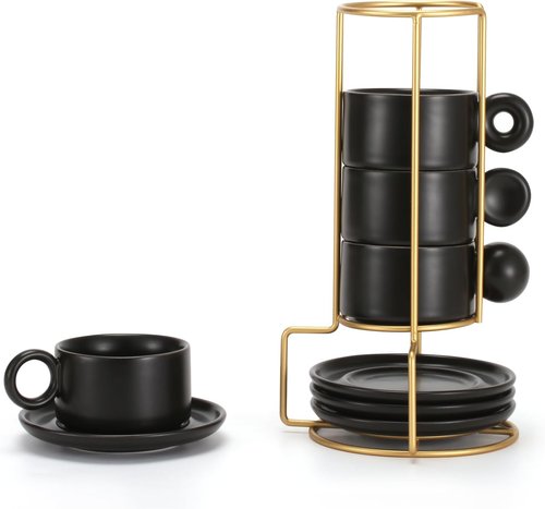 LURRIER Porcelain Espresso Cups Set - Stackable 3 Oz Ceramic Mugs with Saucer & Metal Stand | Black (Set of 4)