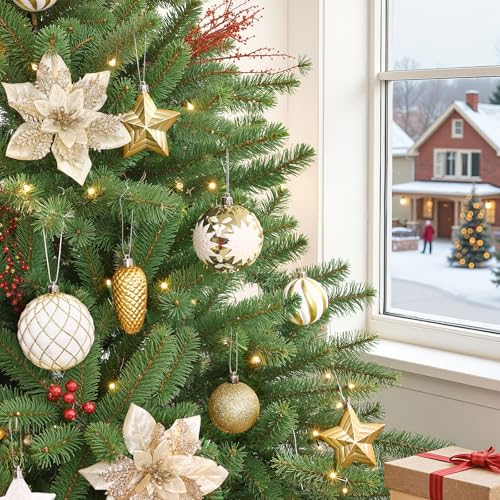 Christmas Balls Ornaments Set - White and Gold, 128pcs Holiday Decorations with Hanging Lanyards